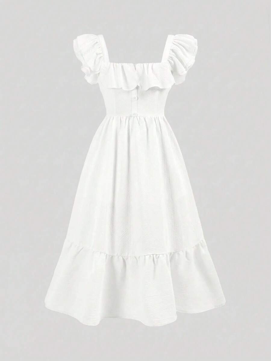 Blue floral print long vacation dress for tween girls featuring an A-line high waist silhouette with ruffle details and spaghetti straps.