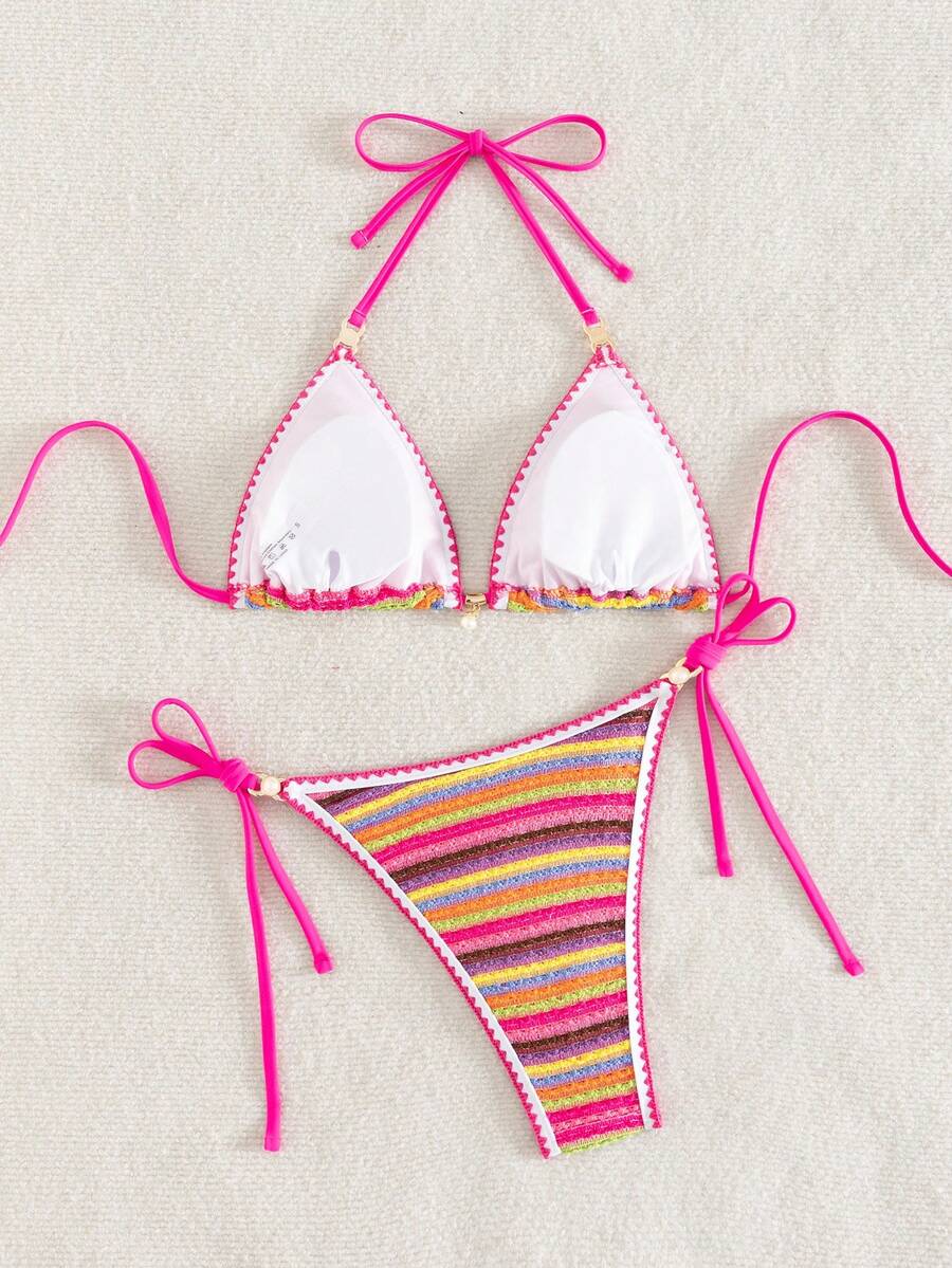 Women's triangle bikini set with contrast lace wireless bra top and ultra high waist tie side bottoms.