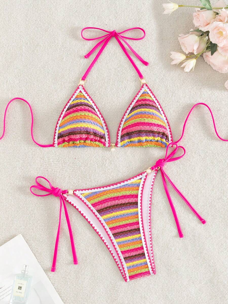 Women's triangle bikini set with contrast lace wireless bra top and ultra high waist tie side bottoms.