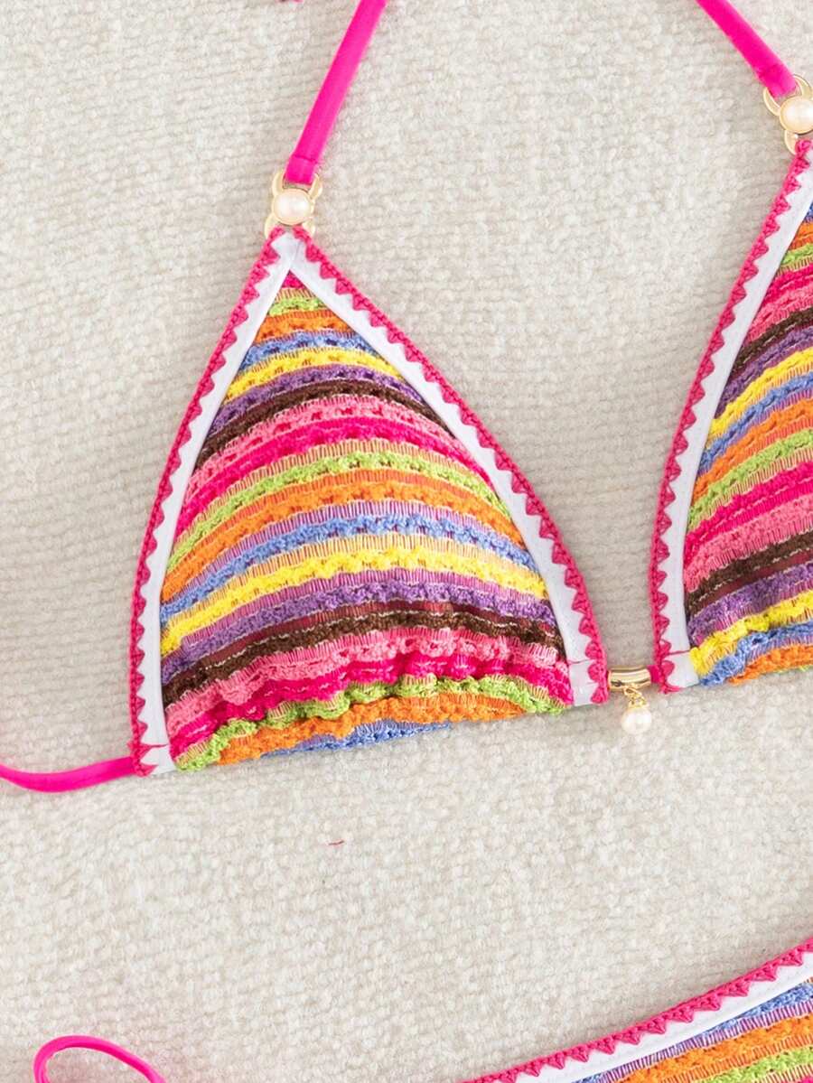 Women's triangle bikini set with contrast lace wireless bra top and ultra high waist tie side bottoms.