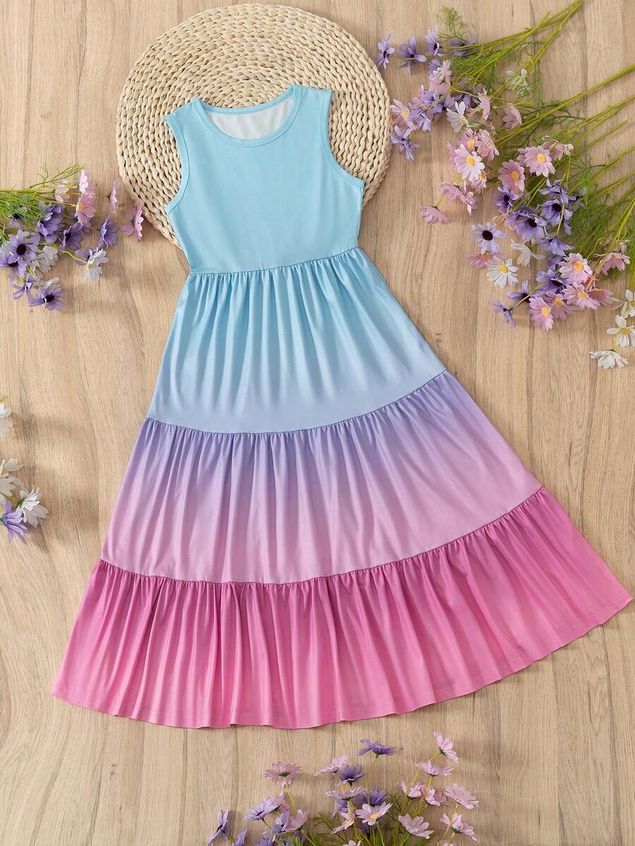 Tween girls multicolor striped sleeveless long A-line dress featuring round neck, high waist, flounce hem, and contrast lace details.