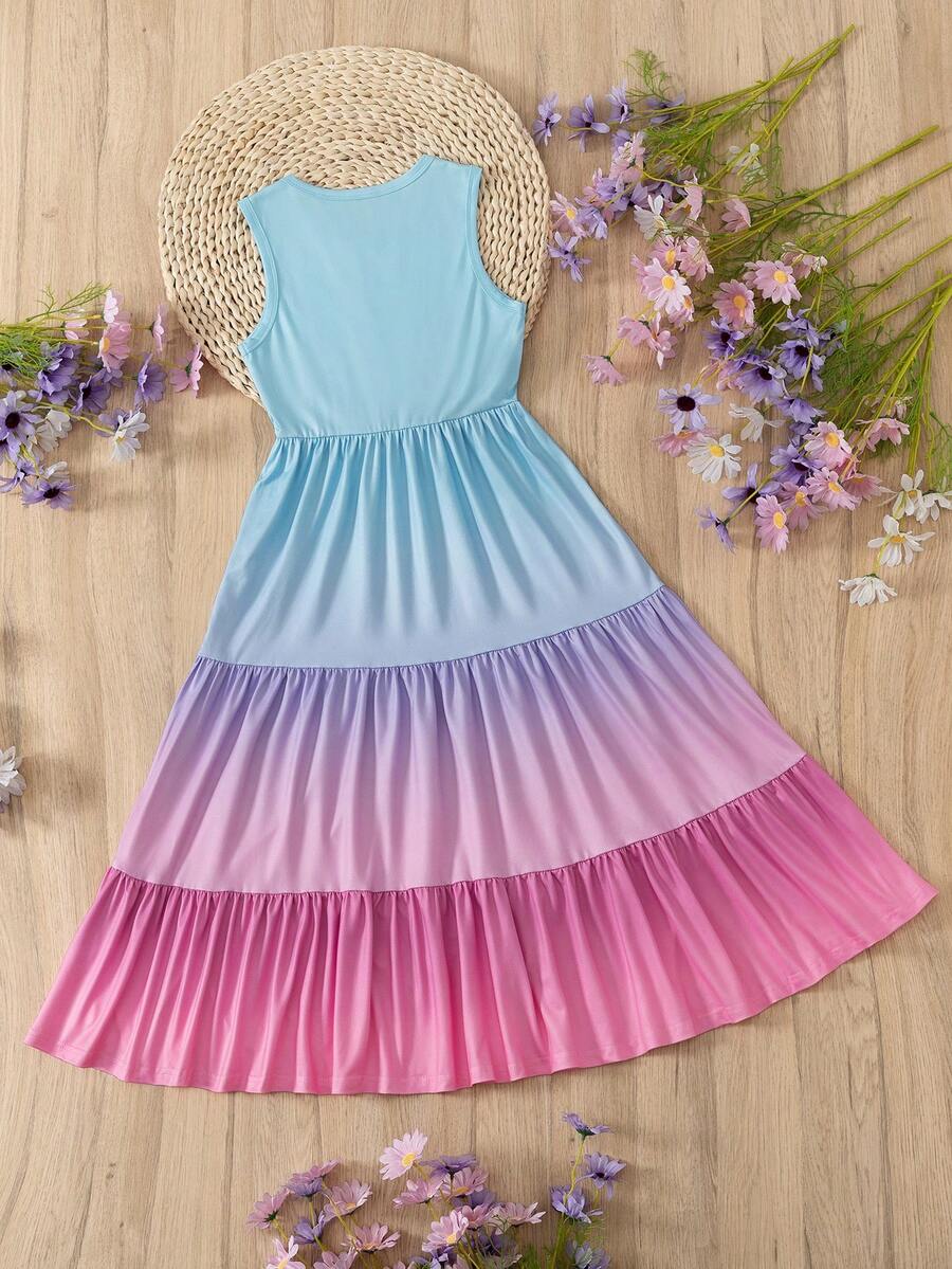 Tween girls multicolor striped sleeveless long A-line dress featuring round neck, high waist, flounce hem, and contrast lace details.