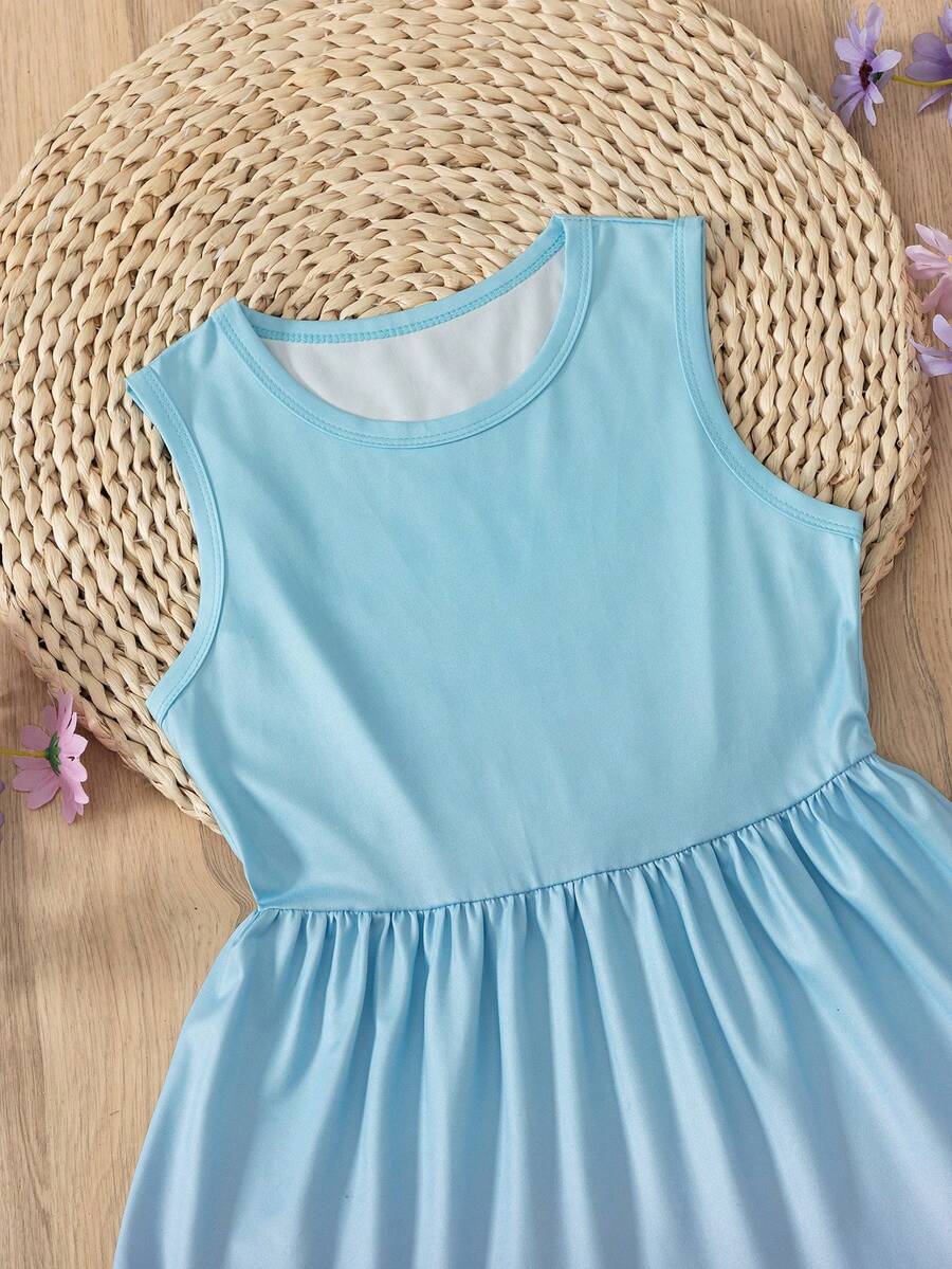 Tween girls multicolor striped sleeveless long A-line dress featuring round neck, high waist, flounce hem, and contrast lace details.