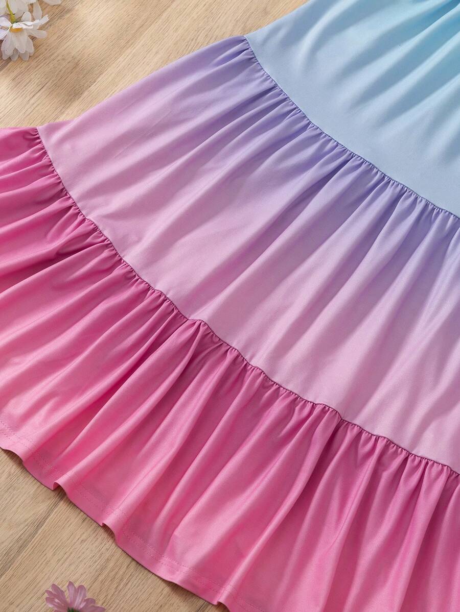 Tween girls multicolor striped sleeveless long A-line dress featuring round neck, high waist, flounce hem, and contrast lace details.