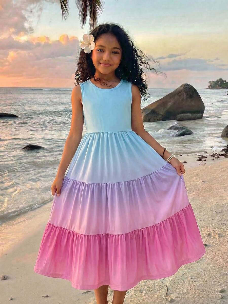 Tween girls multicolor striped sleeveless long A-line dress featuring round neck, high waist, flounce hem, and contrast lace details.