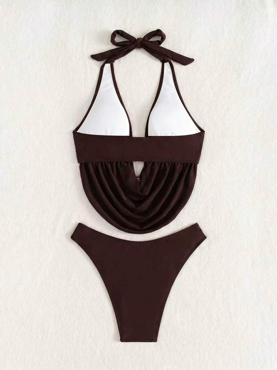 Women's 2-piece bikini set featuring a black deep V-neck lace-up crop top and high cut bikini bottom for beach and vacation wear.