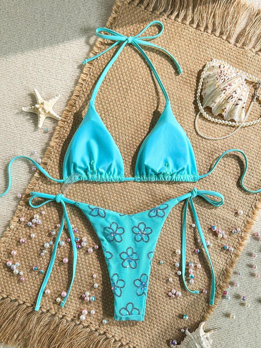 Women's sequin textured halter triangle bikini top and high-waist side tie bikini bottom swimsuit set