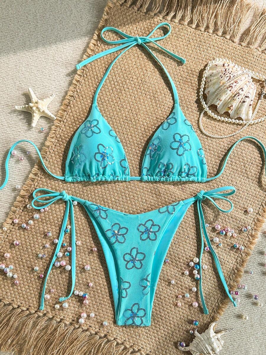 Women's sequin textured halter triangle bikini top and high-waist side tie bikini bottom swimsuit set