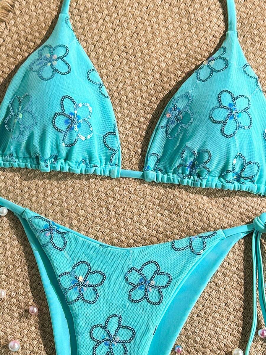 Women's sequin textured halter triangle bikini top and high-waist side tie bikini bottom swimsuit set
