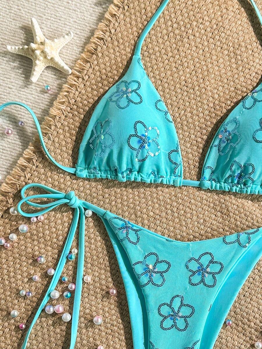 Women's sequin textured halter triangle bikini top and high-waist side tie bikini bottom swimsuit set