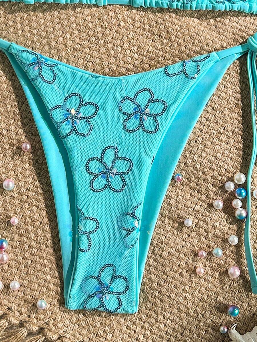 Women's sequin textured halter triangle bikini top and high-waist side tie bikini bottom swimsuit set