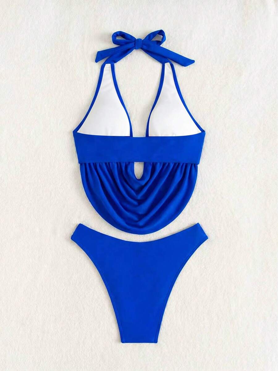 Women's 2-piece bikini set featuring a black deep V-neck lace-up crop top and high cut bikini bottom for beach and vacation wear.