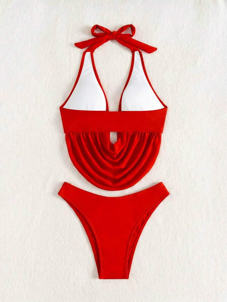 Women's 2-piece bikini set featuring a black deep V-neck lace-up crop top and high cut bikini bottom for beach and vacation wear.