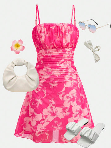 Yellow sleeveless tween girls cami dress with spaghetti straps, ruched bust, shirred details, high waist, and flared short A-line hem for vacation wear.
