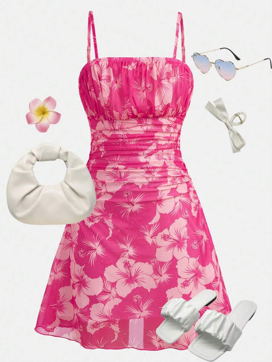 Yellow sleeveless tween girls cami dress with spaghetti straps, ruched bust, shirred details, high waist, and flared short A-line hem for vacation wear.