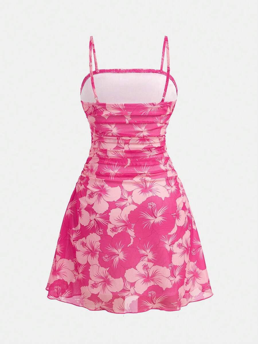 Yellow sleeveless tween girls cami dress with spaghetti straps, ruched bust, shirred details, high waist, and flared short A-line hem for vacation wear.