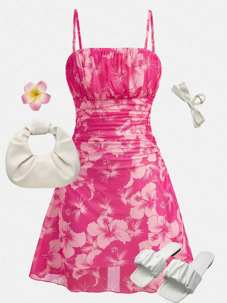Yellow sleeveless tween girls cami dress with spaghetti straps, ruched bust, shirred details, high waist, and flared short A-line hem for vacation wear.