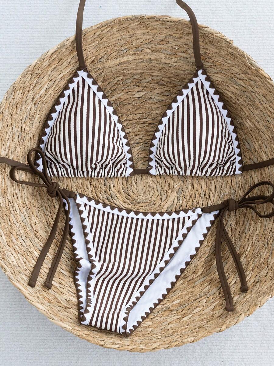 Women's triangle bikini set with contrast lace wireless bra top and ultra high waist tie side bottoms.