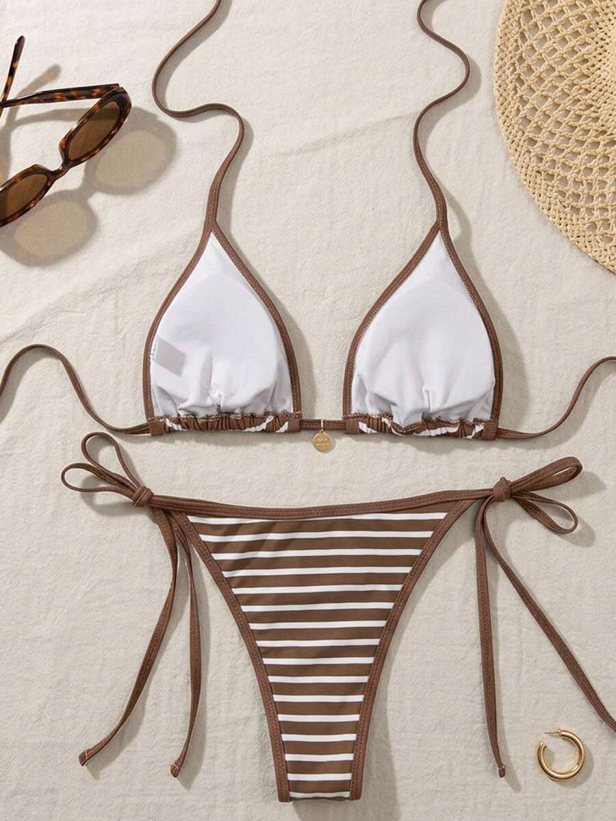 Women's high waist 2-piece triangle bikini set featuring colorblock trim, halter neckline, wireless bra with removable padding, and tie-side bottoms.