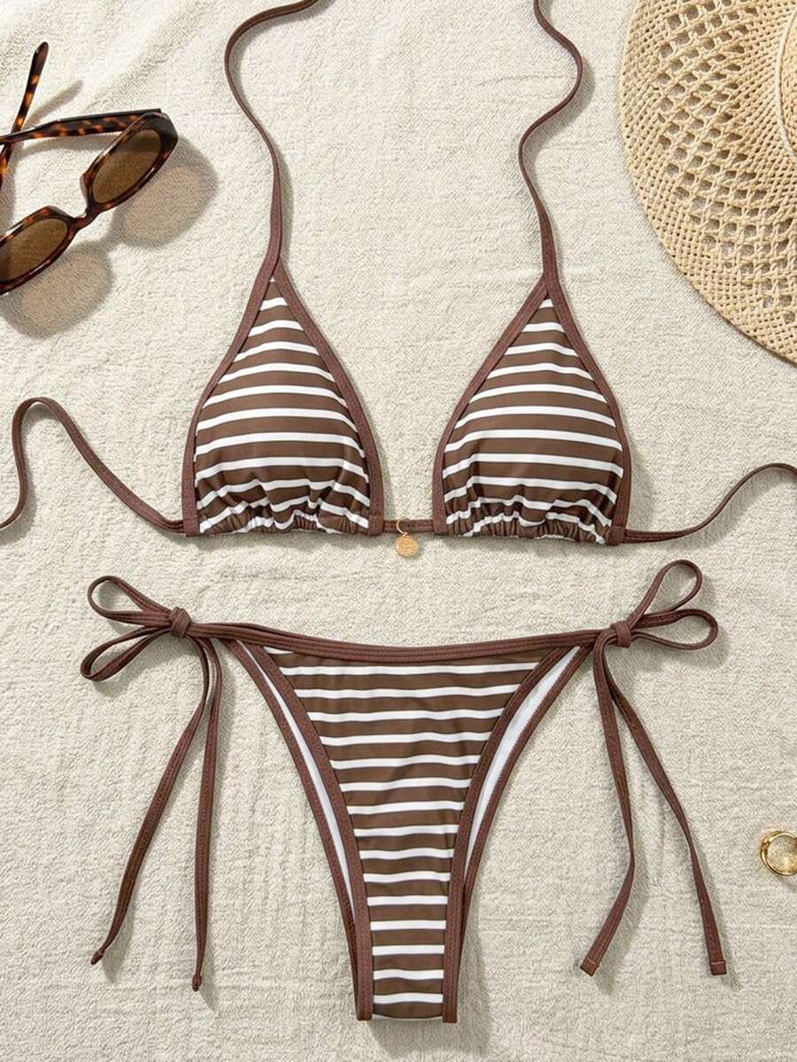 Women's high waist 2-piece triangle bikini set featuring colorblock trim, halter neckline, wireless bra with removable padding, and tie-side bottoms.