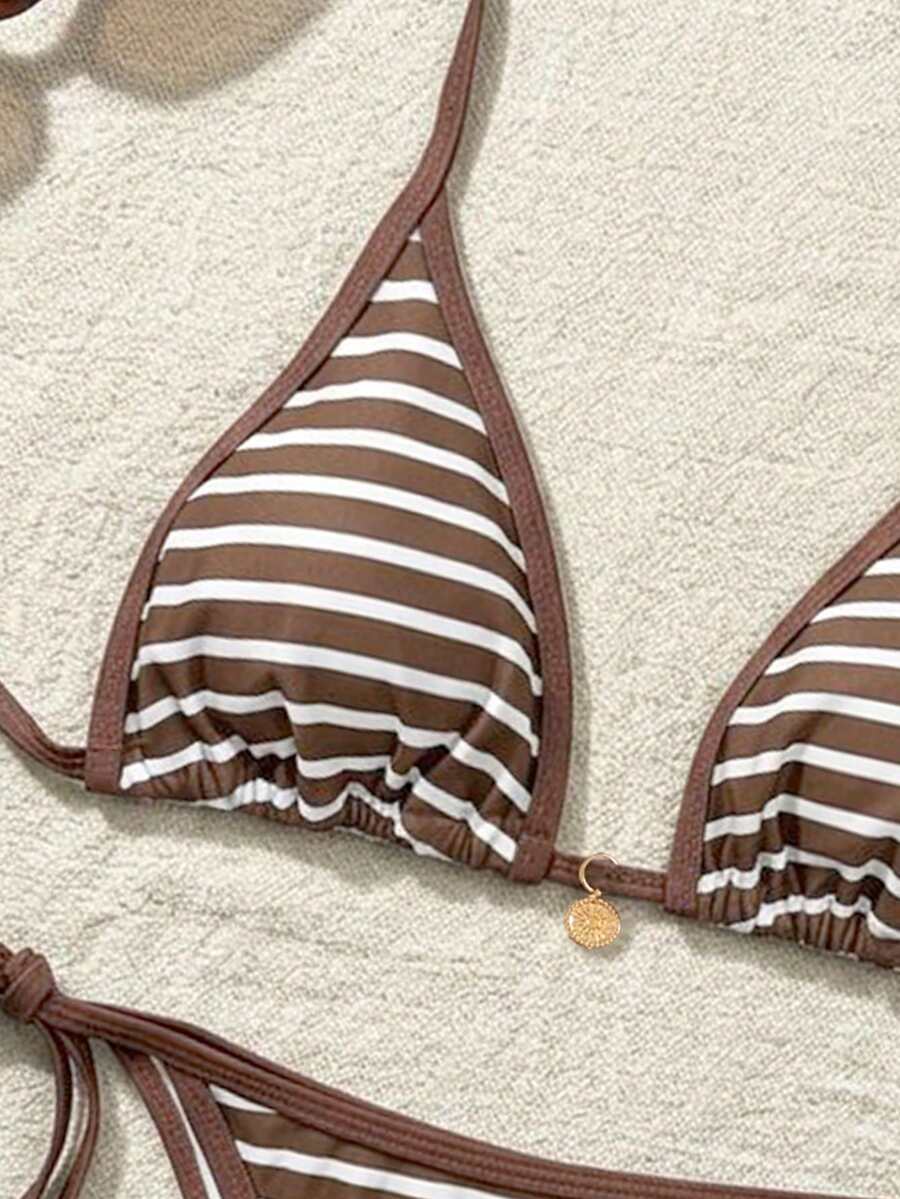 Women's high waist 2-piece triangle bikini set featuring colorblock trim, halter neckline, wireless bra with removable padding, and tie-side bottoms.