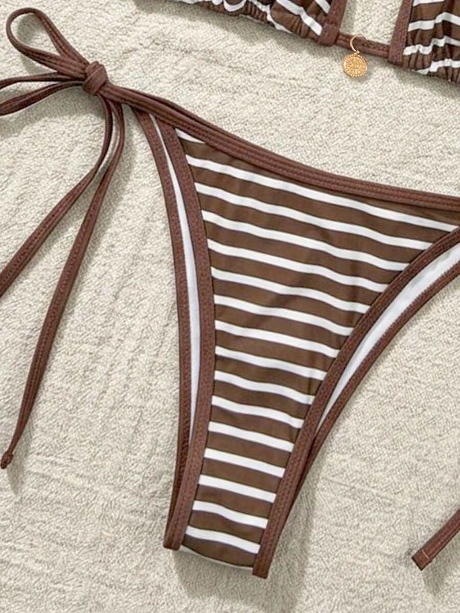 Women's high waist 2-piece triangle bikini set featuring colorblock trim, halter neckline, wireless bra with removable padding, and tie-side bottoms.