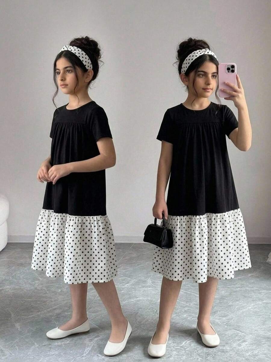Tween girls casual black and white striped short sleeve smock dress with round neck and flounce hem