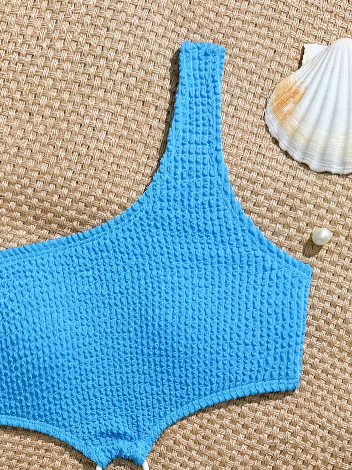 Mint blue tween girls one-piece swimsuit with asymmetrical neckline, cut-out detail, lined body, and high-stretch polyester blend fabric for vacation beachwear