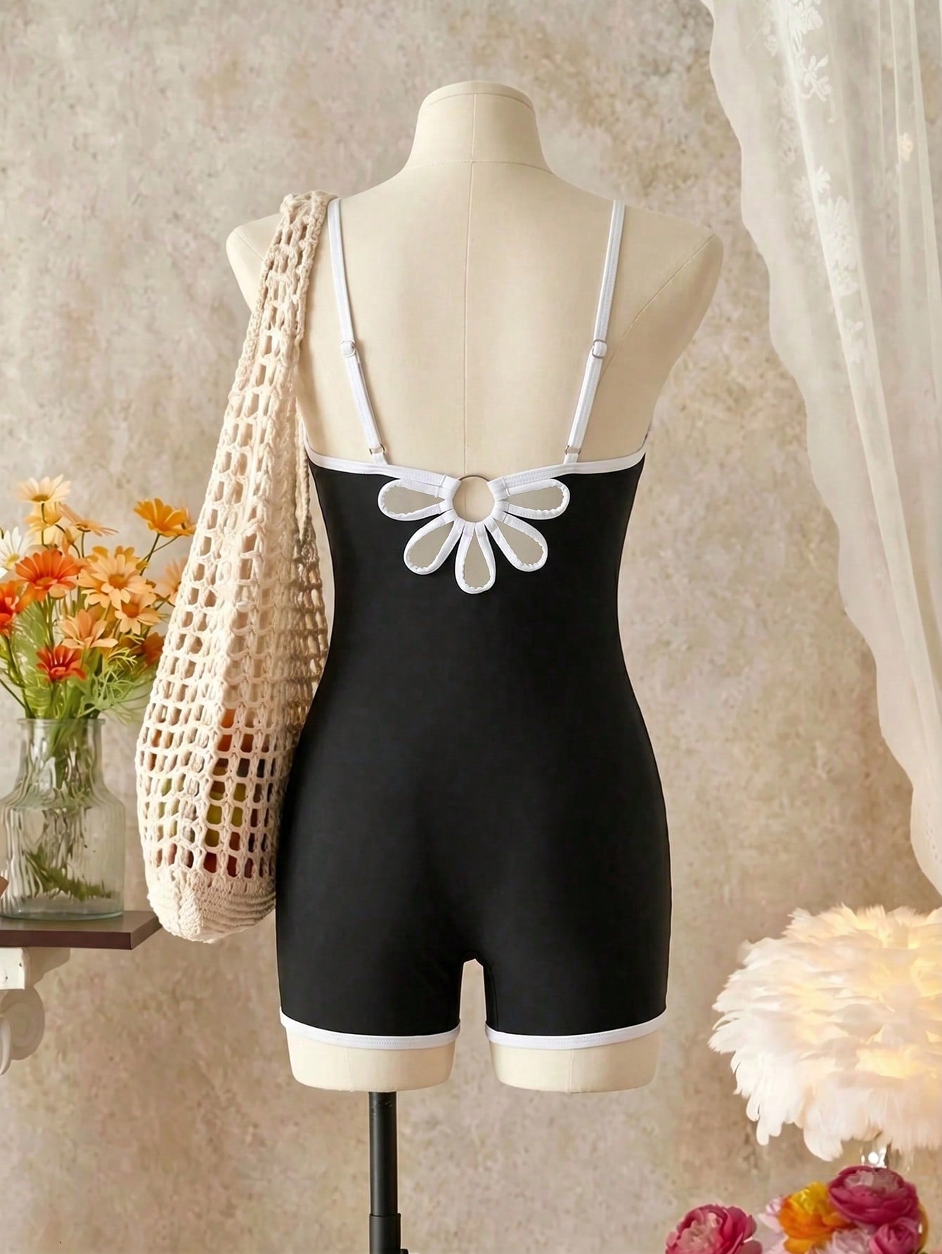 Tween girls colorblock camisole romper swimsuit with spaghetti straps, appliques, all-over print, fitted short silhouette, and medium-stretch fabric for beach, pool, and vacation wear.