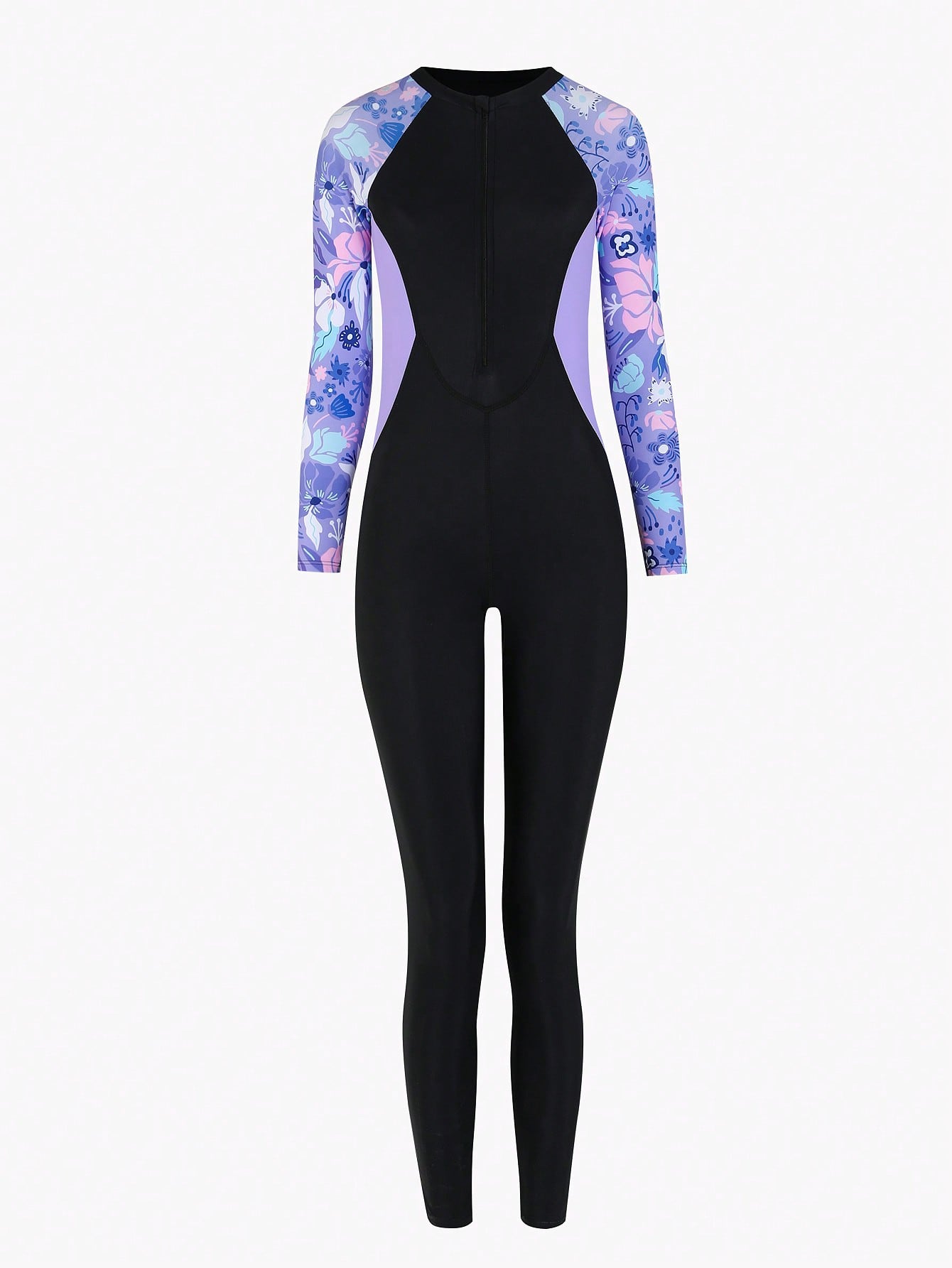 Tween girls black one-piece swimsuit with long sleeves, high neck, zipper detail, graphic leopard heart print, and fitted full-coverage swimwear style.