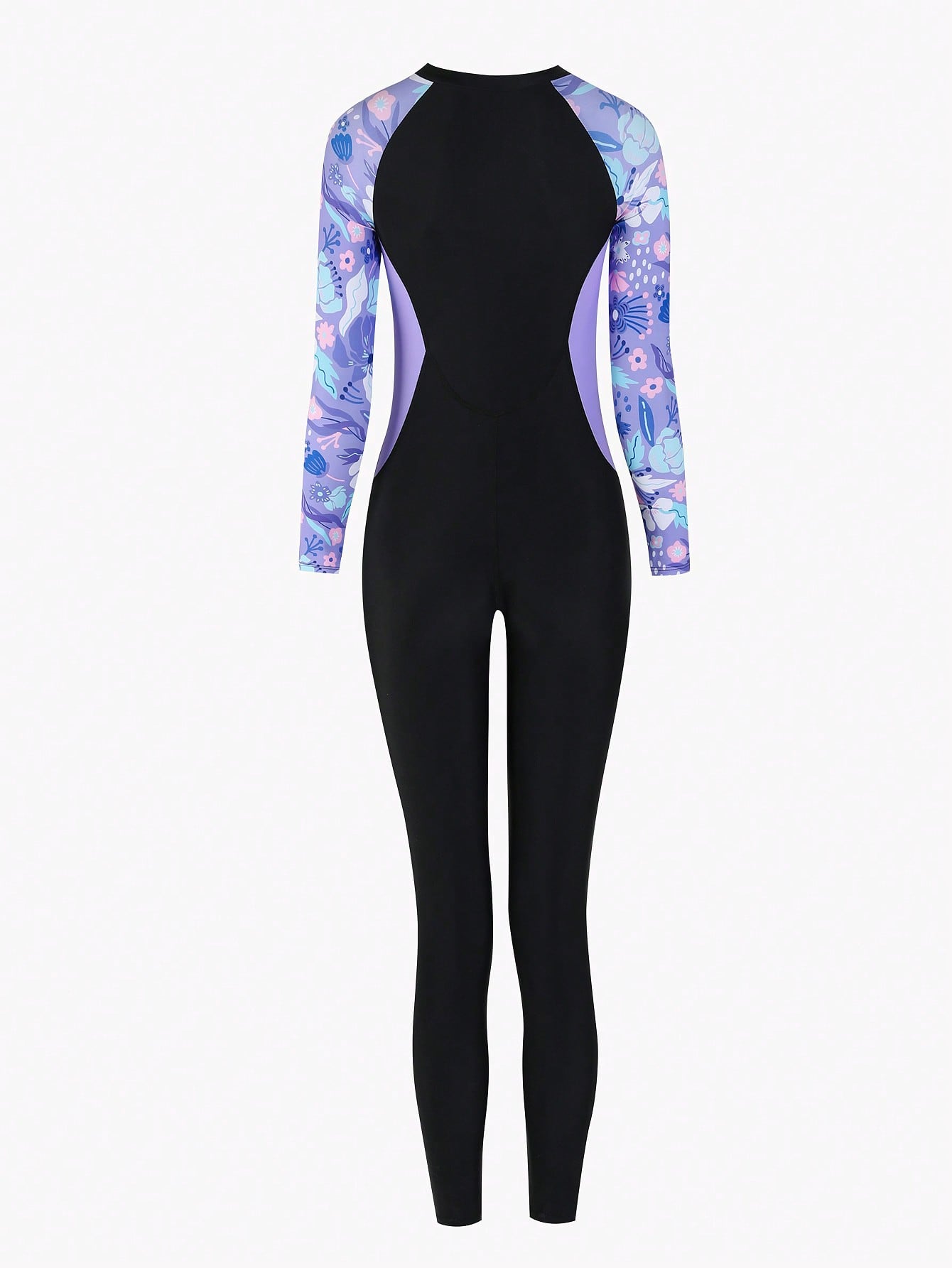 Tween girls black one-piece swimsuit with long sleeves, high neck, zipper detail, graphic leopard heart print, and fitted full-coverage swimwear style.