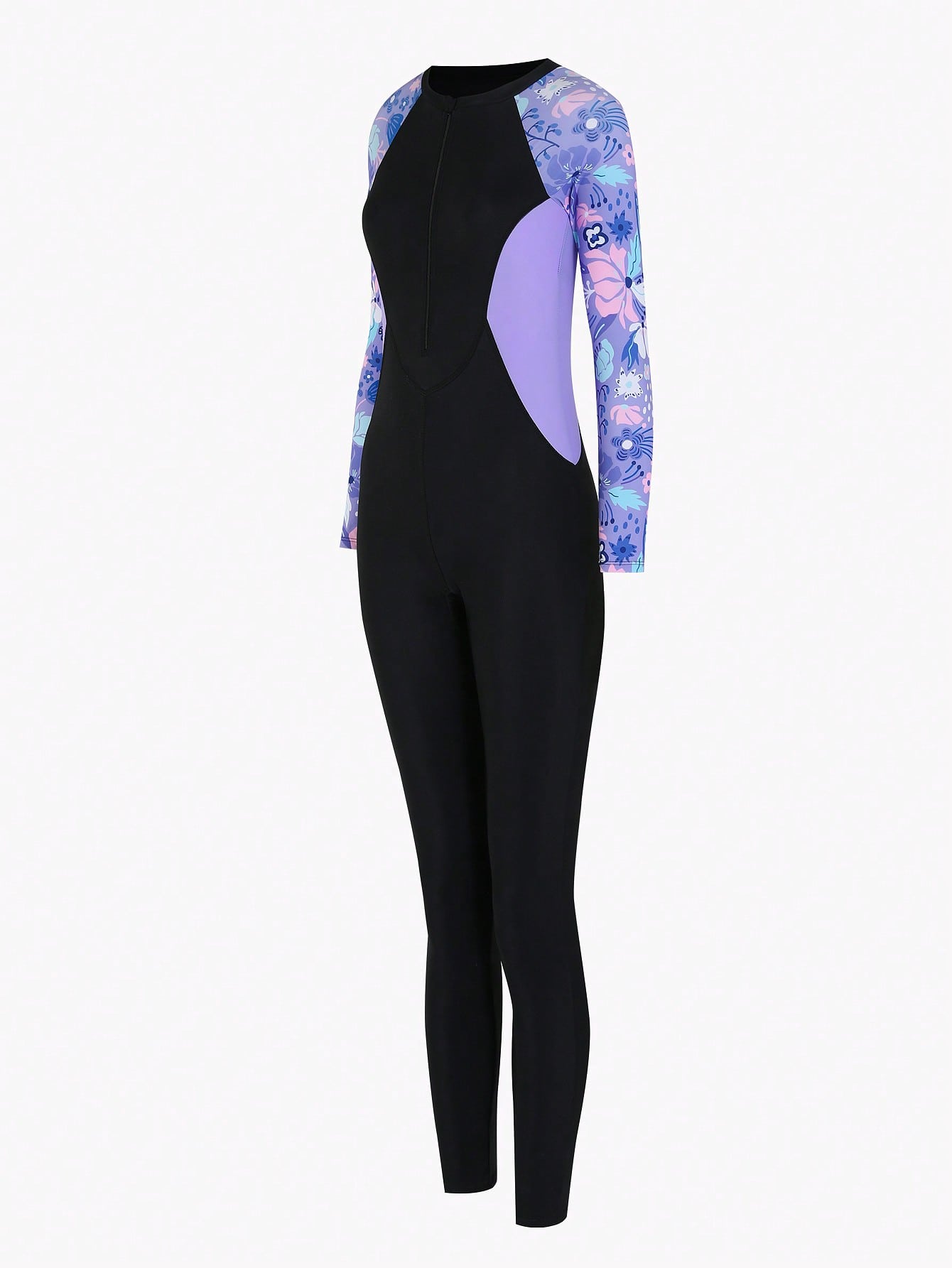 Tween girls black one-piece swimsuit with long sleeves, high neck, zipper detail, graphic leopard heart print, and fitted full-coverage swimwear style.