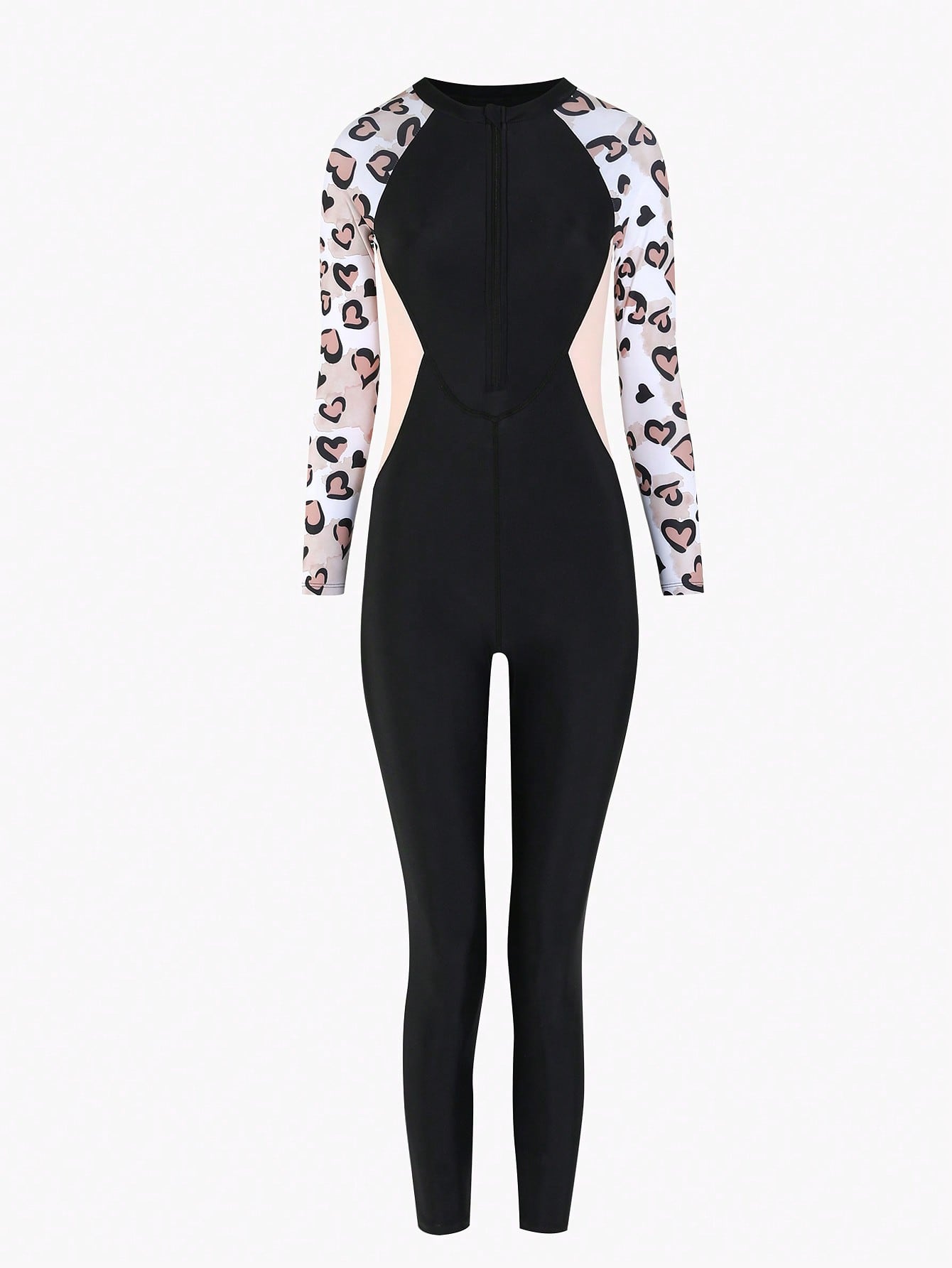 Tween girls black one-piece swimsuit with long sleeves, high neck, zipper detail, graphic leopard heart print, and fitted full-coverage swimwear style.