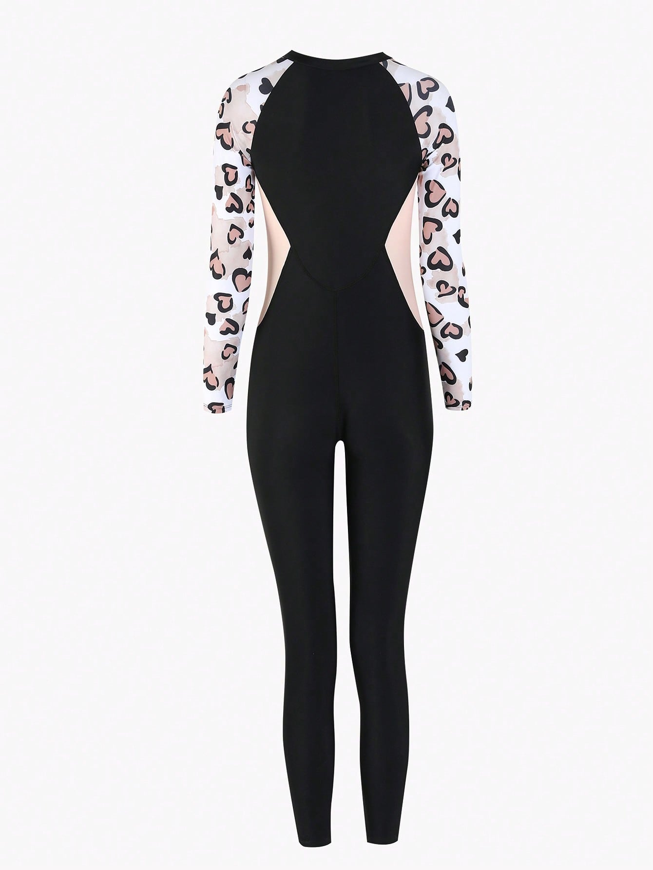 Tween girls black one-piece swimsuit with long sleeves, high neck, zipper detail, graphic leopard heart print, and fitted full-coverage swimwear style.