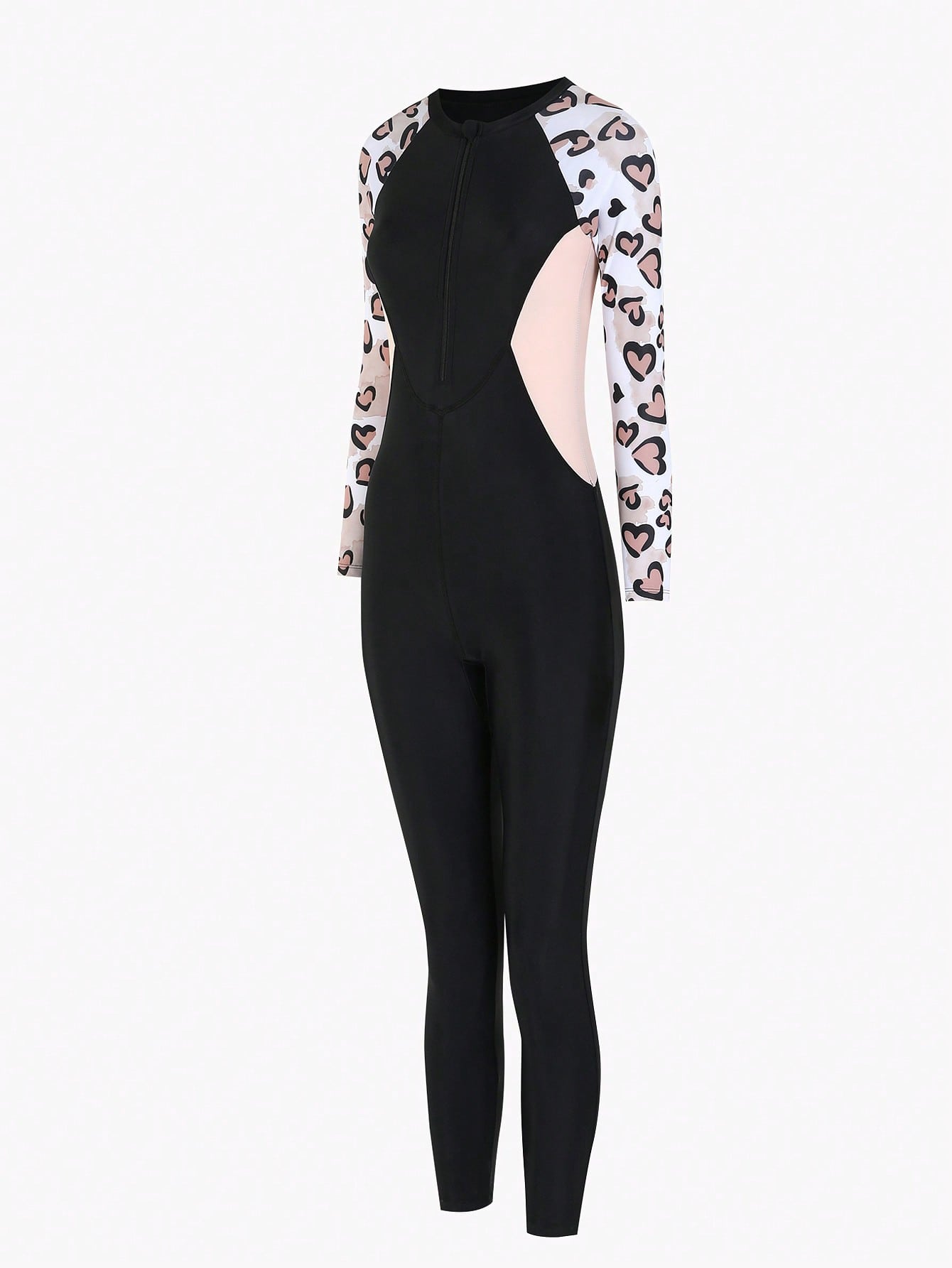Tween girls black one-piece swimsuit with long sleeves, high neck, zipper detail, graphic leopard heart print, and fitted full-coverage swimwear style.