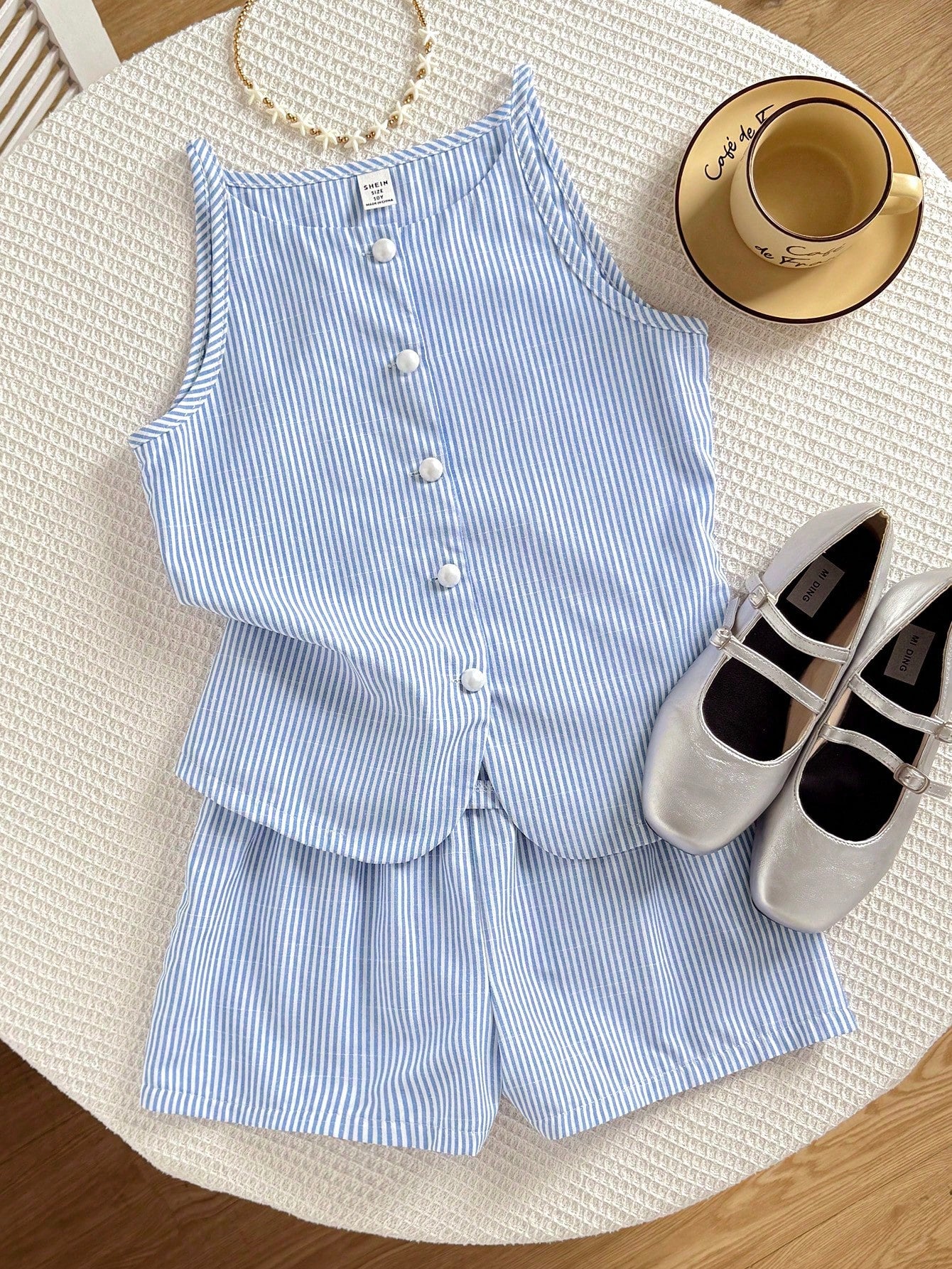Tween girls apricot striped knit camisole top with button front paired with matching casual elastic waist shorts