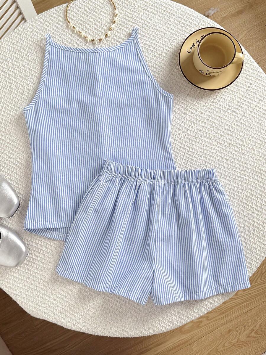 Tween girls apricot striped knit camisole top with button front paired with matching casual elastic waist shorts