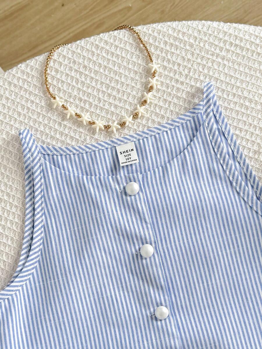 Tween girls apricot striped knit camisole top with button front paired with matching casual elastic waist shorts