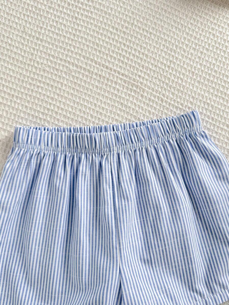 Tween girls apricot striped knit camisole top with button front paired with matching casual elastic waist shorts