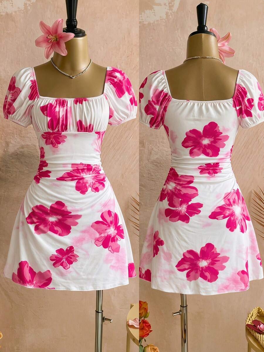 Teen girls red floral print A-line party dress featuring short puff sleeves, square neckline, ruched bust, and contrast lace details.