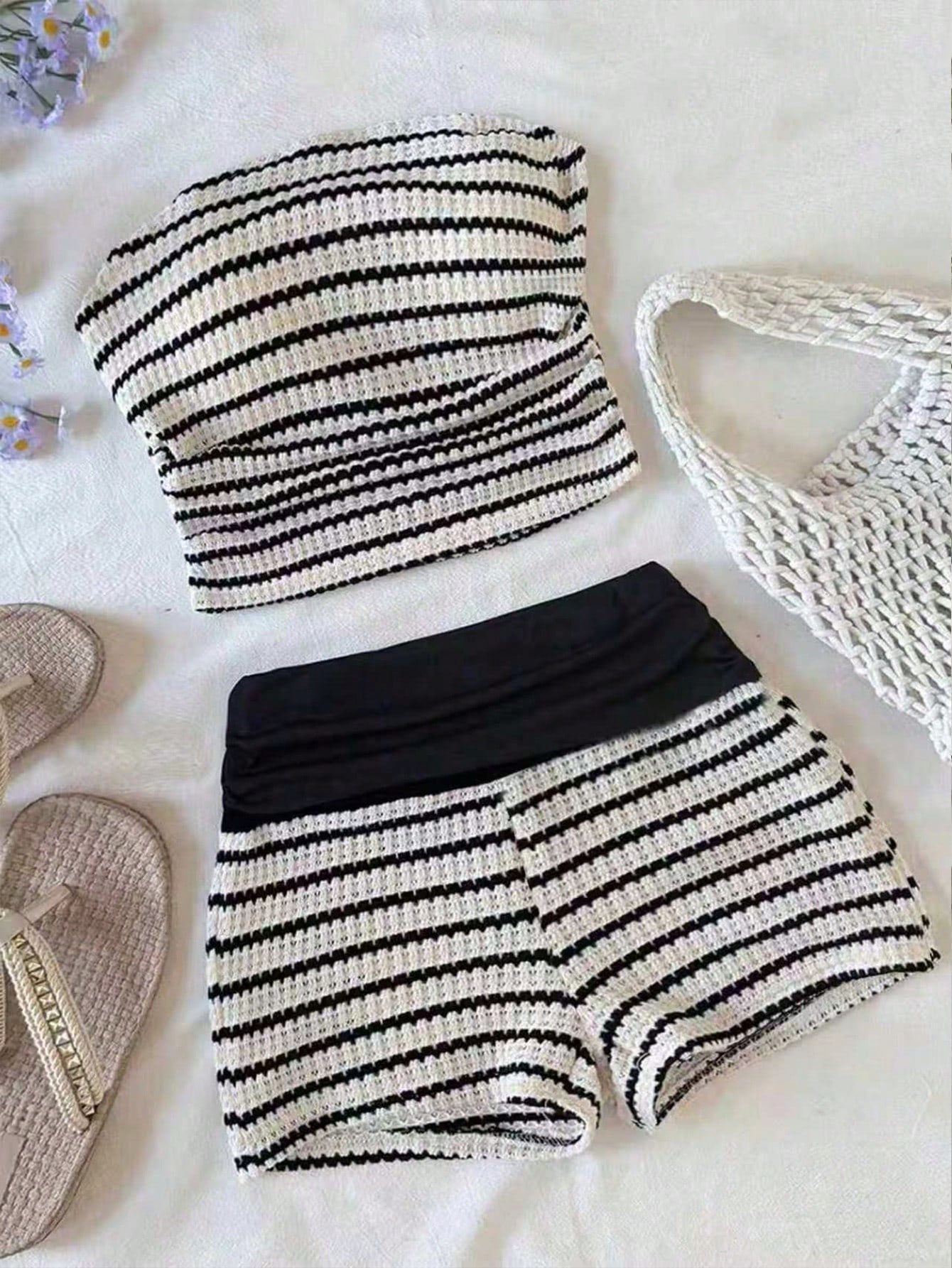 Black striped rib-knit halter tank top with lettuce trim and matching casual shorts for tween girls.