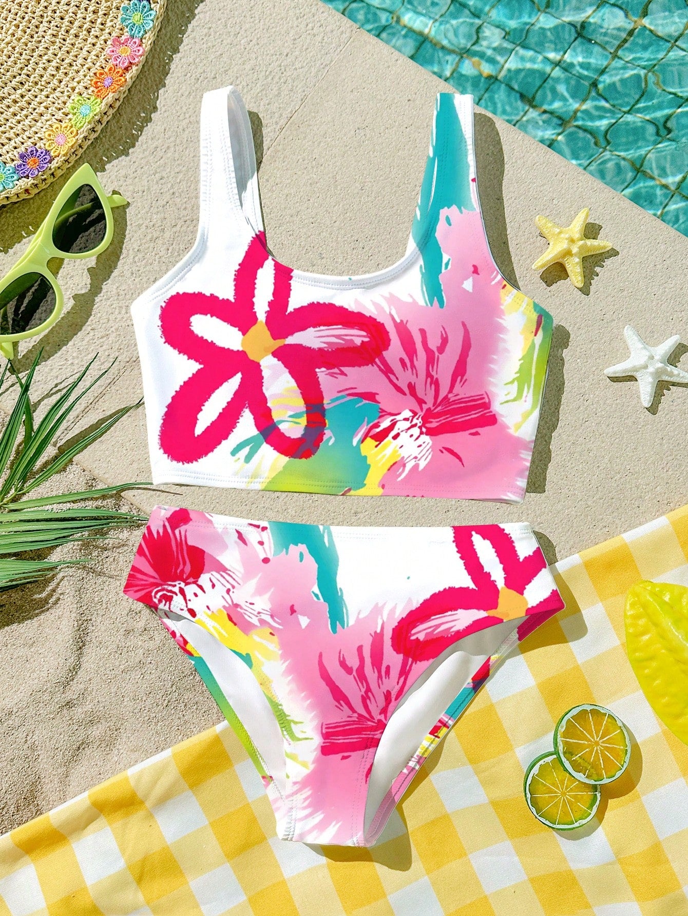 Tween Girls' Casual Colorful Y2K Dopamine Floral, Beach Vacation Style, Graphic Print Camisole And Triangle Bikini Swimwear Set, Suitable For Summer
