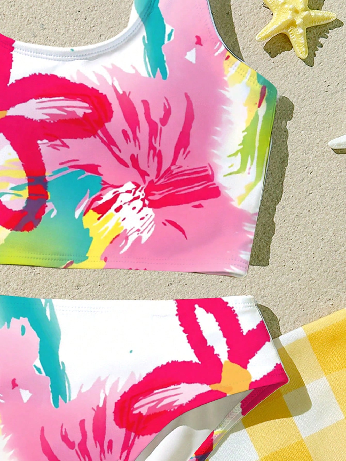 Tween Girls' Casual Colorful Y2K Dopamine Floral, Beach Vacation Style, Graphic Print Camisole And Triangle Bikini Swimwear Set, Suitable For Summer