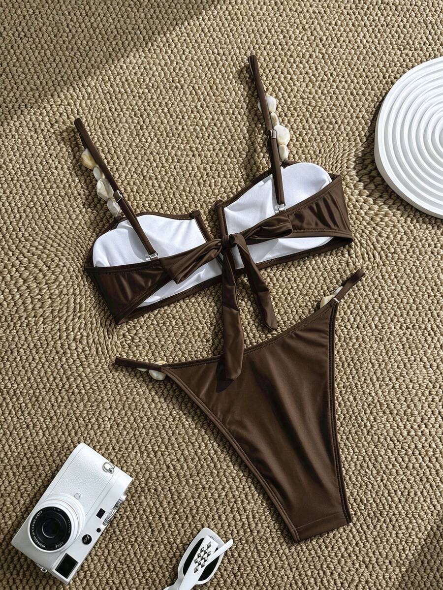 Apricot high waist two-piece bikini set for women featuring V-wired bandeau top with shell decor and high stretch swimwear fabric.