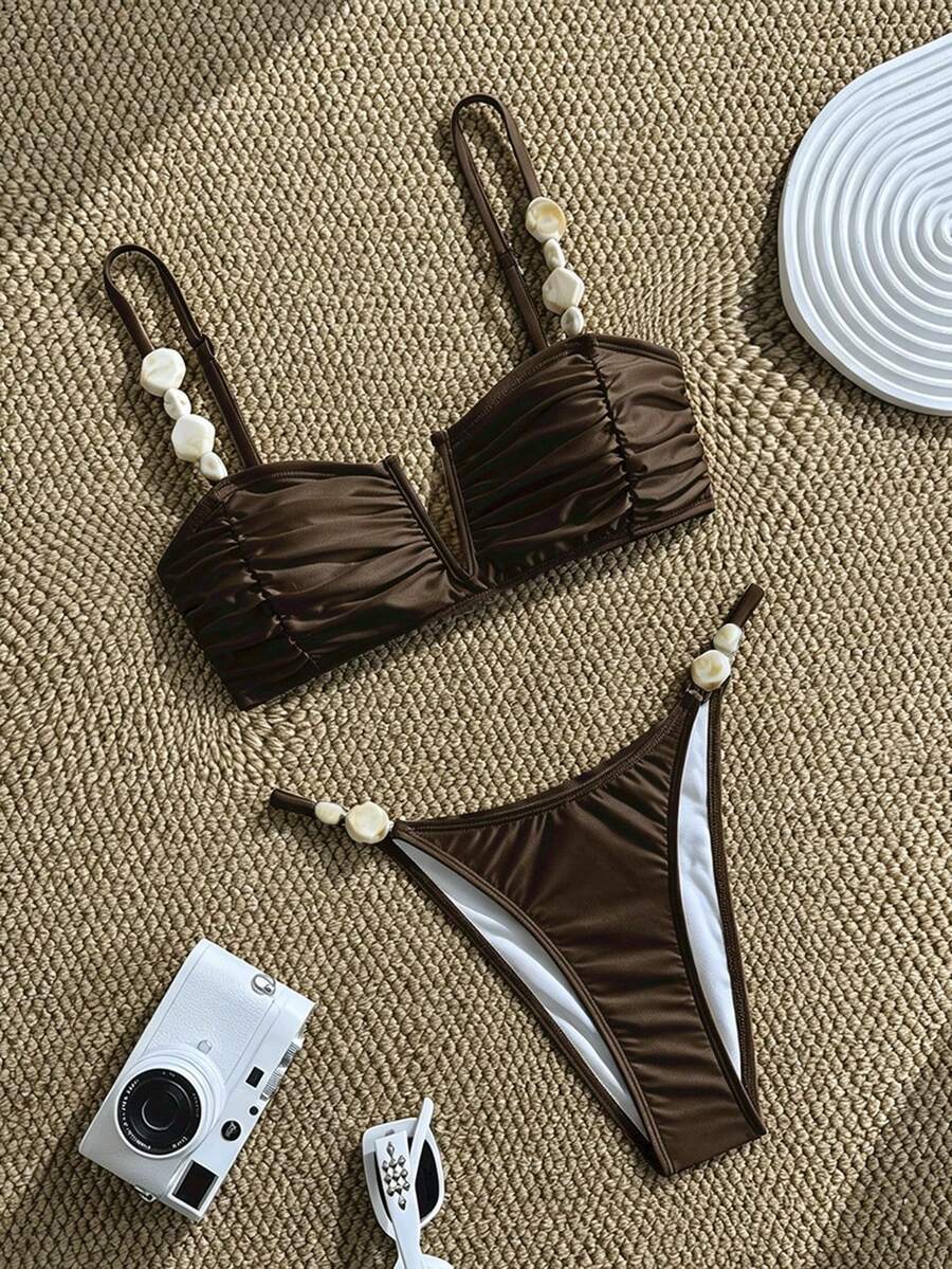 Apricot high waist two-piece bikini set for women featuring V-wired bandeau top with shell decor and high stretch swimwear fabric.