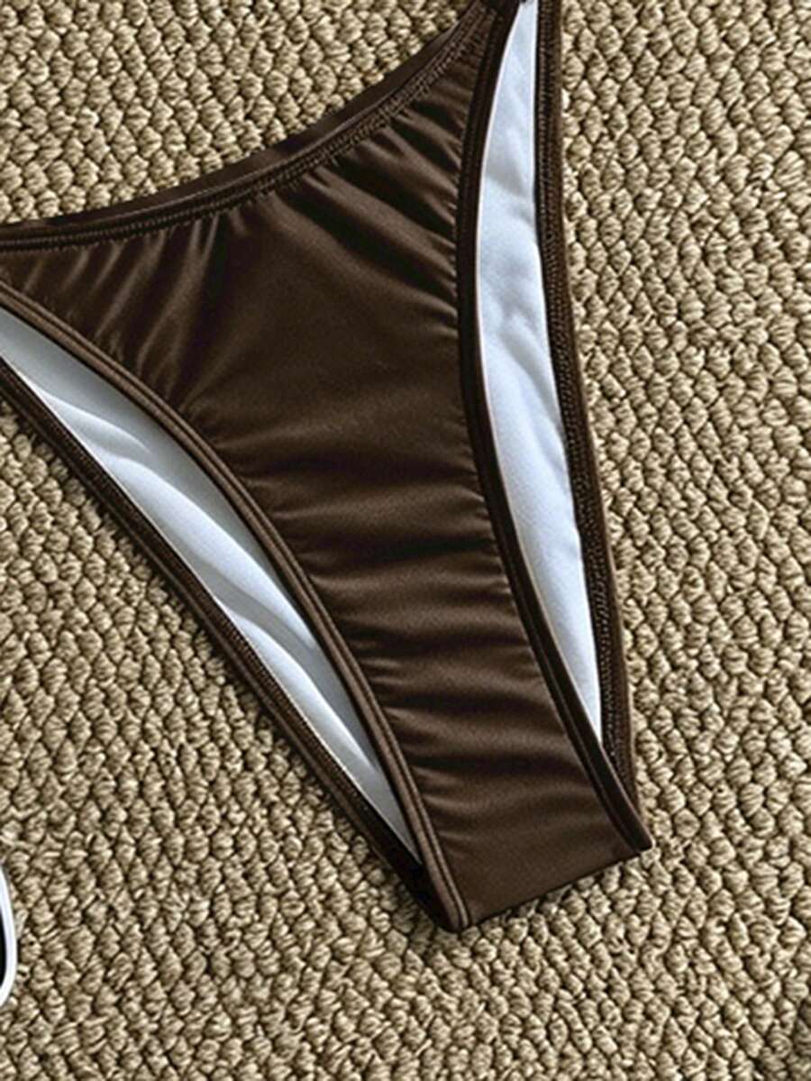 Apricot high waist two-piece bikini set for women featuring V-wired bandeau top with shell decor and high stretch swimwear fabric.