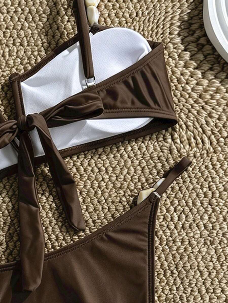 Apricot high waist two-piece bikini set for women featuring V-wired bandeau top with shell decor and high stretch swimwear fabric.