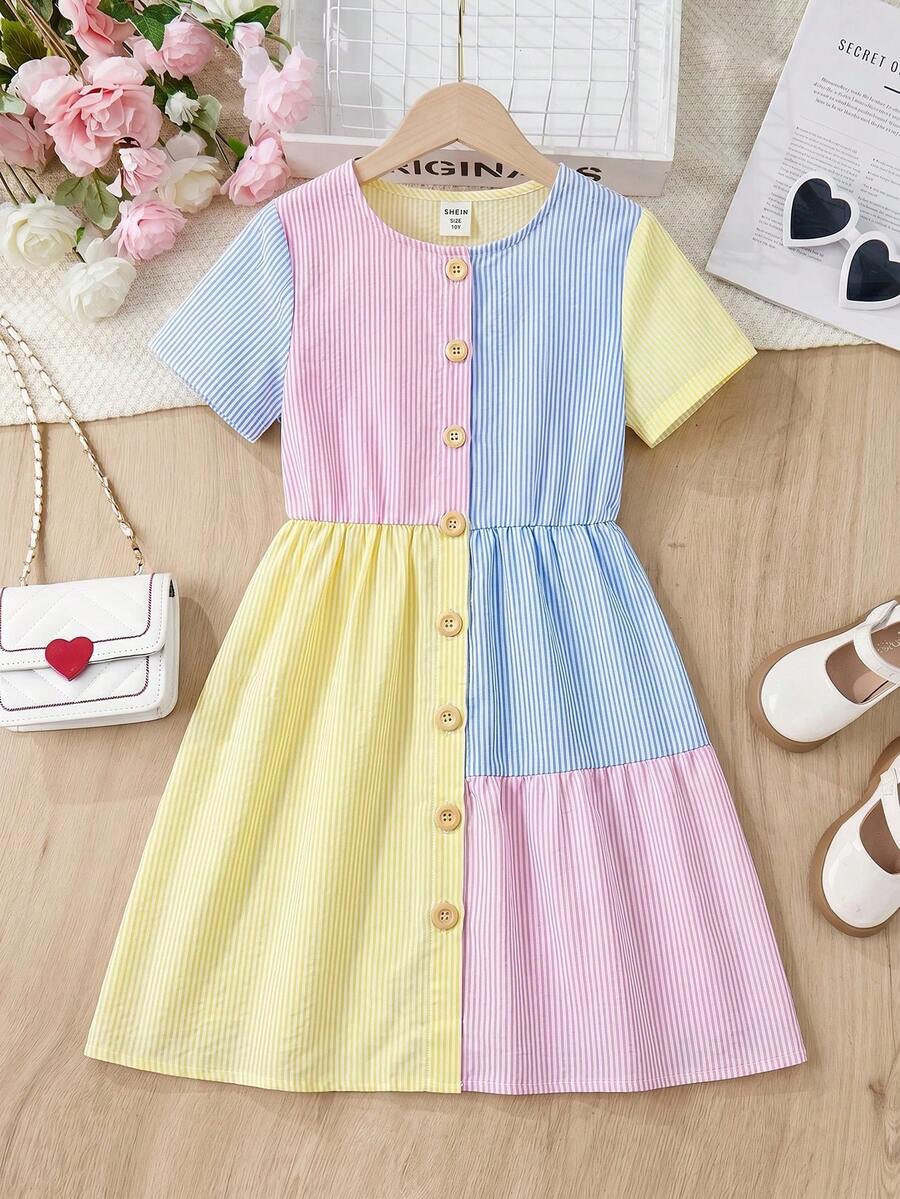 Tween girls casual colorblock short sleeve dress featuring a round neck, high waist flared hem, and button-front details.
