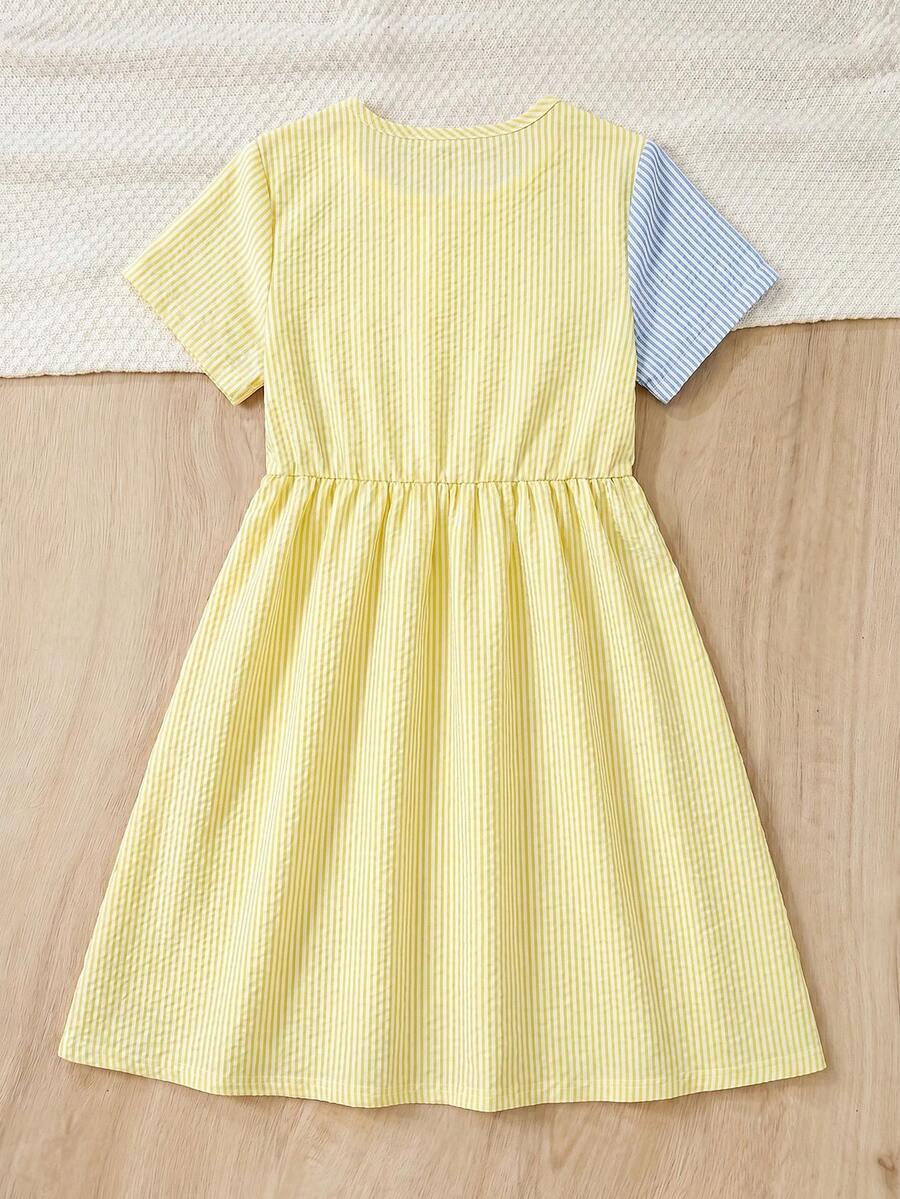 Tween girls casual colorblock short sleeve dress featuring a round neck, high waist flared hem, and button-front details.