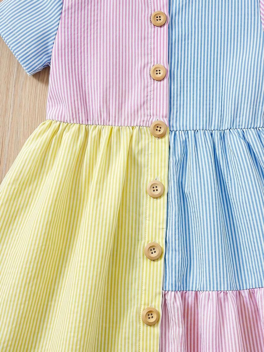 Tween girls casual colorblock short sleeve dress featuring a round neck, high waist flared hem, and button-front details.